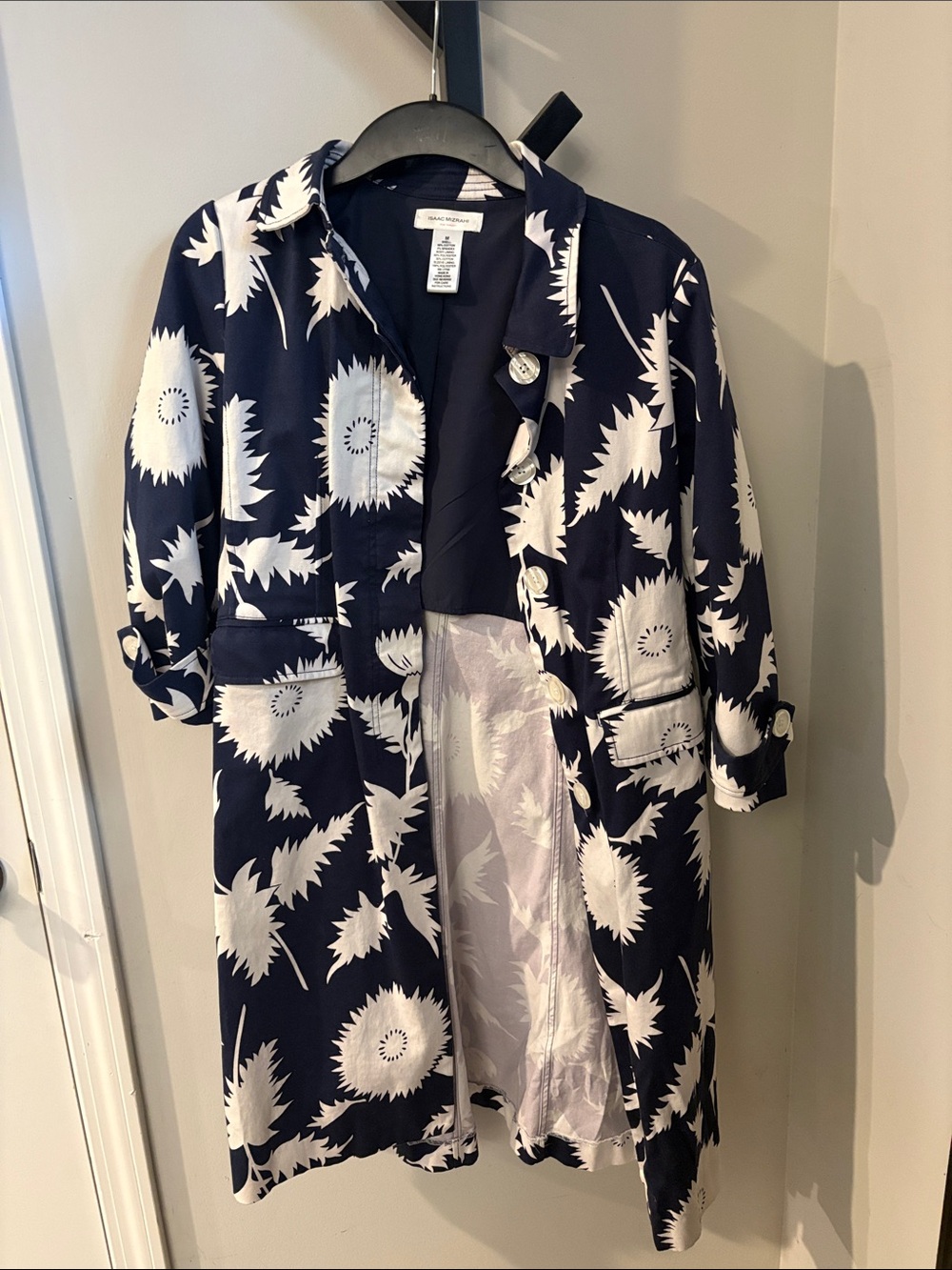 Isaac Mizrahi Navy and White Floral Trench Coat